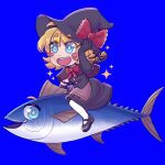  1girl absurdres apron black_capelet black_footwear black_gloves black_headwear black_skirt black_vest blonde_hair blue_background blue_eyes blush bow bowtie bright_pupils brown_apron buttons capelet chibi commentary_request cookie_(touhou) elbow_gloves eyes_visible_through_hair fish full_body gloves hand_on_headwear hat hat_bow highres kirisame_marisa looking_afar mary_janes medium_bangs meguru_(cookie) mixed-language_commentary open_mouth red_bow red_bowtie ripped_colors second-party_source shoes short_hair simple_background skirt skirt_set smile solo spanish_commentary sparkle touhou tuna vest waist_apron white_pupils witch_hat 