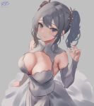  1girl artist_name breasts cleavage commentary_request detached_sleeves dress grey_background grey_eyes grey_hair haruto_(harut_n) kantai_collection kashima_(kancolle) large_breasts sidelocks simple_background solo twintails wavy_hair white_dress 