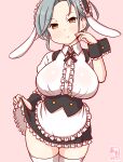  1girl animal_ears apron black_hairband bow bowtie cosplay fake_animal_ears fleur_de_lapin_uniform forehead frilled_hairband frills grey_hair hairband kanon_(kurogane_knights) kantai_collection kirima_syaro kirima_syaro_(cosplay) lolita_hairband mole mole_on_neck one-hour_drawing_challenge pink_background puffy_short_sleeves puffy_sleeves rabbit_ears shirt short_hair short_sleeves solo tamanami_(kancolle) waist_apron white_apron white_shirt wrist_cuffs yellow_eyes 