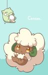  2027_(submarine2027) :o aqua_background blush brown_eyes commentary_request english_text green_horns hands_up horns looking_at_viewer no_humans open_mouth pokemon pokemon_(creature) simple_background solo substitute_(pokemon) triangle_mouth two-tone_background whimsicott 