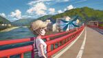  1girl absurdres aqua_eyes bag baseball_cap black_skirt blue_sky bridge brown_hair bug building cloud commentary_request contrail cumulonimbus_cloud dragonfly floral_print handbag hat highres house michinoku_(hiking_miusan18) mountainous_horizon original outdoors railing river road scenery shirt short_hair short_sleeves skirt sky solo sparkle standing summer vanishing_point white_shirt window 