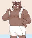  2023 anthro blush hermann_(knights_college) hi_res kemono knights_college male mammal moobs navel nipples overweight overweight_male simple_background solo suid suina sus_(pig) towel towel_around_neck wild_boar youzo3322 