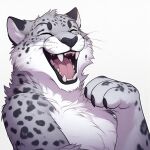  anthro claws eyes_closed felid fur inner_ear_fluff male mammal neck_tuft open_mouth pantherine simple_background smile smiling_at_viewer snow_leopard solo teeth tongue tuft unknown_artist white_background white_body white_fur 
