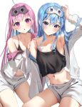  2girls :/ :o absurdres ahoge arm_up black_camisole blue_eyes blue_hair blush breasts camisole cleavage closed_mouth collarbone eye_mask hair_down highres hololive hoshimachi_suisei jacket long_hair looking_at_viewer mask mask_on_head medium_breasts minato_aqua multiple_girls navel open_mouth panda_0035 pink_hair purple_eyes short_shorts shorts simple_background sleepwear small_breasts star_(symbol) star_in_eye stomach sweatdrop symbol_in_eye thighs very_long_hair virtual_youtuber white_background white_jacket white_shorts 
