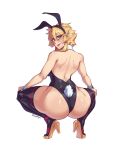  1girl animal_ears ass back backless_leotard blonde_hair blush boots breasts buskhusker commentary english_commentary fake_animal_ears fake_tail full_body hair_between_eyes hands_on_own_knees high_heel_boots high_heels highres looking_at_viewer looking_back open_mouth original playboy_bunny rabbit_ears rabbit_tail red_eyes short_hair simple_background solo tail teeth thighhighs tongue twitter_username watermark white_background wrist_cuffs 