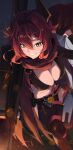  1girl absurdres ashes belt black_jacket black_pants breasts cleavage cropped_jacket goddess_of_victory:_nikke gun highres holding holding_weapon horns jacket large_breasts long_hair ninney5 pants red_hair red_hood_(nikke) rifle smile sniper_rifle weapon yellow_eyes 