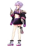  1girl adapted_costume ahoge full_body hair_ornament highres jacket navel purple_eyes purple_hair ribbon shoes simple_background skirt sneakers solo standing thigh_strap vocaloid voiceroid yuzuki_yukari zooanime 