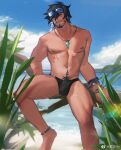  1boy abs artist_request bara beach beard black_male_swimwear blue_eyes bulge eyewear_on_head facial_hair feet_out_of_frame final_fantasy final_fantasy_xiv highres hy_the_highlander jewelry large_pectorals legs_apart looking_at_viewer male_focus male_swimwear manspreading medium_hair multiple_bracelets muscular muscular_male mustache nipples pectorals pendant second-party_source smile solo stomach sunglasses swim_briefs thick_thighs thighs topless_male warrior_of_light_(ff14) 