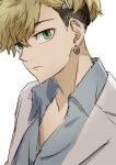  1boy blonde_hair blue_shirt closed_mouth collared_shirt commentary_request earrings green_eyes hair_ornament hairpin hoop_earrings jewelry looking_at_viewer male_focus matsuno_chifuyu multiple_hairpins nori20170709 open_collar shirt short_hair simple_background solo tokyo_revengers twitter_username undercut upper_body white_background 