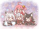  &gt;_&lt; &gt;_o 4girls ahoge animal_ear_fluff animal_ears beamed_sixteenth_notes bell black_hair black_kimono black_shirt black_shorts black_skirt black_thighhighs blue_neckerchief blush braid chibi detached_sleeves eighth_note fox_ears fox_girl fox_tail hair_bell hair_between_eyes hair_ornament hairclip hololive horns japanese_clothes kimono long_hair looking_at_viewer mitarashi_neko multicolored_hair multiple_girls musical_note nakiri_ayame neckerchief necktie one_eye_closed one_side_up oni_horns ookami_mio open_mouth outstretched_arms pentagram pink_hair quarter_note red_hair red_kimono red_necktie sakura_miko shirakami_fubuki shirt short_shorts shorts sidelocks single_braid single_thighhigh skirt streaked_hair tail tail_around_own_leg thigh_strap thighhighs tongue tongue_out virtual_youtuber white_hair white_shirt wolf_ears wolf_girl wolf_tail 