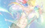  1boy abs black_pants blonde_hair bouquet closed_mouth collared_shirt flower granblue_fantasy green_eyes highres holding holding_bouquet kshbjb3bppui9om male_focus muscular muscular_male navel pants partially_unbuttoned red_flower red_rose rose shirt short_hair solo suspenders vane_(granblue_fantasy) white_shirt 