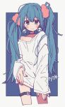  1girl :| aqua_eyes aqua_hair aqua_nails blush bokarokaku closed_mouth dot_nose hatsune_miku looking_at_viewer loose_clothes loose_shirt oversized_clothes panda_earrings pink_scrunchie raised_eyebrow scrunchie shirt sleeves_past_wrists solo studded_thigh_strap thigh_strap vocaloid white_shirt 