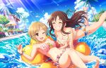  2girls aiba_yumi barefoot bikini blue_sky blush bracelet breasts brown_hair character_request check_character cleavage cloud cloudy_sky collarbone day feet floral_print foot_out_of_frame frilled_bikini frills game_cg hand_up idolmaster idolmaster_cinderella_girls idolmaster_cinderella_girls_starlight_stage jewelry legs lens_flare light_brown_hair long_hair lying medium_breasts medium_hair multiple_girls navel official_art on_back one_eye_closed open_mouth outdoors palm_tree parted_bangs pink_bikini pool side-tie_bikini_bottom sky smile splashing swimsuit teeth thighs toenails toes tree tsujino_akari wet 