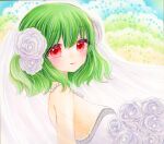  1girl alternate_costume commentary_request flower from_side green_hair hair_flower hair_ornament highres kazami_yuuka light_smile looking_at_viewer red_eyes solo touhou yuuki_hana_(jtnp5334) 