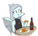  anthro blue_body bottle choker clothed clothing container dino_nugget dinosaur eating eating_food fang_(gvh) feathered_wings feathers female goodbye_volcano_high hair humor jewelry long_hair low_res makeup meme necklace nugget orange_eyes plate pterodactylus pterosaur reaction_image reptile scalie silver_hair simple_background snoot_game_(fan_game) solo unknown_artist white_background wings 