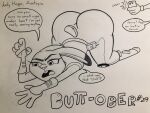  2019 anthro big_butt black_and_white blu3danny buckteeth butt canid canine cellphone clothed clothing disney duo english_text female fox hi_res judy_hopps lagomorph leporid male mammal monochrome nick_wilde open_mouth phone police_uniform rabbit sound_effects speech_bubble teeth text traditional_media_(artwork) uniform zootopia 