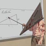  1boy abs adios blood feet_out_of_frame helmet highres large_pectorals male_focus math muscular muscular_male object_head pectorals pyramid_head silent_hill_(series) silent_hill_2 solo teaching thick_thighs thighs whiteboard 