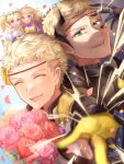  2boys 2girls absurdres bare_shoulders blonde_hair blue_eyes bouquet breasts cleavage closed_eyes dress dual_persona father_and_daughter fire_emblem fire_emblem_awakening fire_emblem_fates fire_emblem_heroes gloves green_eyes hand_over_face highres holding holding_bouquet lissa_(fire_emblem) lissa_(valentine)_(fire_emblem) long_hair looking_at_viewer medium_breasts mother_and_son multiple_boys multiple_girls odin_(fire_emblem) odin_(resplendent)_(fire_emblem) official_alternate_costume open_mouth owain_(fire_emblem) owain_(valentine)_(fire_emblem) petals reaching reaching_towards_viewer twintails upper_body white_dress yellow_gloves youhei_choregi 