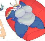  2023 ambiguous_gender anthro armor belly big_belly big_breasts blue_body blush bodily_fluids breasts claws curvy_figure cute_fangs dewott digital_media_(artwork) drooling duo eyes_closed fat_rolls featureless_breasts featureless_crotch female fin frown full-length_portrait furniture generation_5_pokemon glistening grey_body headgear helmet hi_res horn huge_breasts huge_thighs looking_at_another love_handles lying nintendo nude obese obese_female on_back open_mouth overweight overweight_female pokemon pokemon_(species) portrait saliva samurott shaded simple_background size_difference sleeping sofa sound_effects tail tail_fin thick_arms thick_thighs voluptuous vowelless vowelless_sound_effect whiskers white_background wide_hips zephy_03 zzz 