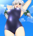  1girl arms_behind_head arms_up blue_eyes blue_one-piece_swimsuit blue_sky blush bow braid braided_sidelock breasts cloud commentary_request cowboy_shot day green_bow grey_hair hair_bow izayoi_sakuya long_hair looking_at_viewer maid_headdress medium_breasts one-piece_swimsuit open_mouth outdoors partial_commentary school_swimsuit sky smile solo standing swimsuit touhou twin_braids yadokari_genpachirou 