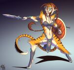  absurd_res anthro armor bikini_armor black_body black_fur blue_eyes bottomwear braided_hair clothing cuffs_(clothing) ear_piercing ear_ring felid female fur hair hi_res jewelry loincloth mammal melee_weapon midriff navel necklace orange_body orange_fur pantherine piercing polearm pupils ring_piercing sacrificabominat shield shin_guards slit_pupils solo spear stripes tiger tyla_(jesonite) unconvincing_armor weapon white_body white_fur 