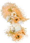  clothed_pokemon flower full_body hat highres leafeon looking_up mouth_hold no_humans oharu-chan orange_flower pokemon pokemon_(creature) sitting solo straw_hat white_background 