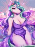  alicorn_pony anthro breasts digital_media_(artwork) equid equine eyelashes eyeliner feathered_wings feathers female friendship_is_magic fur hair hasbro lunella makeup mammal multicolored_hair my_little_pony princess_celestia_(mlp) simple_background smile solo wings 