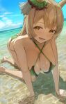  1girl absurdres all_fours amepa_(ame_pinecandy) animal_ears bare_shoulders barefoot beach bikini blue_sky blush breasts brown_eyes brown_hair cleavage cloud collarbone commentary criss-cross_halter day green_bikini hair_between_eyes hair_ornament halterneck hanging_breasts highres horse_ears horse_girl large_breasts looking_at_viewer ocean open_mouth outdoors sand satono_diamond_(umamusume) shallow_water sky smile solo swimsuit tail umamusume water wet yellow_eyes 