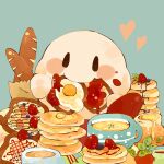  baguette blush bread butter chocolate_syrup cup eating food food_art food_focus food_on_face fried_egg fried_egg_on_toast fruit heart highres kirby kirby_(series) leaf no_humans osakinn pancake pancake_stack strawberry tako-san_wiener 