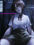  1girl absurdres anniversary asymmetrical_hair brown_eyes brown_hair cable collared_shirt commentary_request computer hair_ornament hairclip highres iwakura_lain looking_at_viewer neck_ribbon otochi_(otc_so) parted_lips ribbon serial_experiments_lain shirt short_hair short_sleeves single_sidelock sitting skirt solo white_shirt x_hair_ornament 