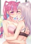  2girls ahoge animal_ear_fluff animal_ears bare_shoulders black_bra blue_hair blunt_bangs blush bra braid breasts cat_ears cat_girl colored_inner_hair grey_hair hololive hug large_breasts long_hair minato_aqua multicolored_hair multiple_girls murasaki_shion nikoo open_mouth pink_bra purple_eyes purple_hair small_breasts streaked_hair twin_braids two-tone_hair underwear virtual_youtuber yellow_eyes yuri 