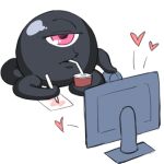  black_skin colored_skin cup disposable_cup drawing dyun heart highres holding holding_cup monitor mouse_(computer) no_humans one-eyed original pink_eyes tentacles 