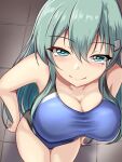  1girl aqua_eyes aqua_hair black_one-piece_swimsuit blue_one-piece_swimsuit blush breasts cleavage competition_swimsuit covered_navel cowboy_shot hair_between_eyes hair_ornament hairclip highleg highleg_swimsuit highres impossible_clothes impossible_swimsuit indoors kantai_collection large_breasts lips long_hair looking_at_viewer montemasa multicolored_clothes multicolored_swimsuit one-piece_swimsuit smile solo suzuya_(kancolle) swimsuit two-tone_swimsuit 