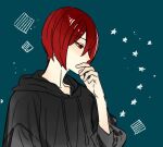  1boy aqua_background black_hoodie covered_mouth drawstring hagiwara_daisuke hand_on_own_face hand_up hood hood_down hoodie hori-san_to_miyamura-kun long_sleeves male_focus red_eyes red_hair sengoku_kakeru short_hair simple_background solo star_(symbol) upper_body 