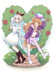  2girls ;d adapted_costume akane0987 alice_in_wonderland alternate_costume asymmetrical_legwear black_footwear boots bow crop_top curren_chan_(umamusume) dress ear_covers full_body grey_hair hair_bow highres horse_girl jacket kneehighs long_hair long_sleeves looking_at_viewer mayano_top_gun_(umamusume) midriff mismatched_legwear multiple_girls off-shoulder_dress off_shoulder one_eye_closed orange_eyes orange_hair purple_eyes purple_jacket purple_shorts purple_socks purple_thighhighs red_bow shoes short_hair shorts single_thighhigh smile sneakers socks striped striped_dress thighhighs two_side_up umamusume vertical-striped_dress vertical_stripes white_footwear 