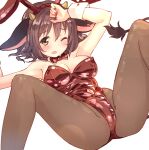  1girl absurdres animal_ears armpits arms_up bare_shoulders blush bow bowtie breasts brown_bow brown_bowtie brown_eyes brown_hair brown_hairband brown_leotard brown_pantyhose brown_theme cleavage clothing_cutout cow_ears cow_girl cow_horns cow_tail diamond_cutout fake_animal_ears hair_between_eyes hairband highres holmy_(show_by_rock!!) horns knees_up leotard medium_breasts nail_polish navel navel_cutout nyama one_eye_closed pantyhose parted_lips playboy_bunny rabbit_ears red_nails show_by_rock!! simple_background solo spread_legs strapless strapless_leotard tail white_background wrist_cuffs 