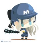  1girl artist_name baseball_bat black_bow blue_eyes blue_headwear blue_shirt blue_shorts bow chameleon_man_(three) chibi commentary fate/grand_order fate_(series) grey_hair hair_bow hand_on_headwear helmet holding holding_baseball_bat long_hair morgan_le_fay_(fate) no_mouth shirt short_sleeves shorts solo spiked_bat striped striped_shorts vertical-striped_shorts vertical-striped_sleeves vertical_stripes white_background 