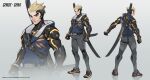  1boy absurdres back belt black_belt black_eyes blonde_hair blue_jacket clenched_hand concept_art copyright copyright_name cyborg english_text full_body genji_(overwatch) genos grey_pants highres jacket looking_back looking_to_the_side male_focus ninja official_alternate_costume official_art one-punch_man overwatch overwatch_2 pants sheath sheathed sleeveless smile solo sword upper_body weapon 