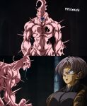  2boys artist_name black_shirt blue_eyes blue_tongue clenched_teeth colored_tongue cosplay dragon_ball highres leon_s._kennedy leon_s._kennedy_(cosplay) long_tongue majin_buu male_focus monster multiple_boys pipeesnow purple_hair resident_evil resident_evil_4 resident_evil_4_(remake) shirt super_buu teeth tongue tongue_out trunks_(dragon_ball) trunks_(future)_(dragon_ball) 