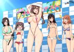  5girls :o areola_slip armpits ass_visible_through_thighs bikini black_hair bracelet breasts brown_hair cameltoe character_request covered_nipples earrings exhibitionism hoop_earrings idolmaster idolmaster_shiny_colors jewelry large_breasts light_brown_hair linea_alba medium_breasts micro_bikini microphone mole mole_above_mouth mole_on_breast mole_on_thigh multiple_girls navel necklace one_eye_closed open_mouth orange_hair pink_eyes ppshex public_indecency purple_eyes slingshot_swimsuit small_breasts smile sofmap sofmap_background step_and_repeat surprised swimsuit tsukioka_kogane undressing yellow_eyes 