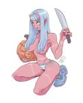  bigmsaxon bikini blue_eyes blue_hair colored_skin demon_girl demon_horns hair_over_breasts highres holding holding_knife horns jack-o&#039;-lantern kneeling knife long_hair looking_at_viewer original pointy_ears red_skin shoes side-tie_bikini_bottom simple_background sneakers striped striped_bikini swimsuit white_background 