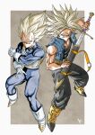  2boys belt black_pants blonde_hair blue_jumpsuit boots clenched_hand denim_vest dragon_ball gloves green_eyes highres holding holding_sword holding_weapon jumpsuit kakeru_(dbskakeru) looking_at_viewer multiple_boys muscular muscular_male open_clothes open_vest pants sheath simple_background sleeveless spiked_hair super_saiyan sword toriyama_akira_(style) trunks_(dragon_ball) trunks_(future)_(dragon_ball) unsheathing vegeta vest weapon white_gloves 