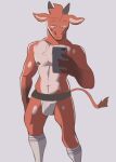  2022 anthro bovid bovine bulge cattle cellphone clothed clothing digital_media_(artwork) gloves_(marking) hi_res holding_cellphone holding_object holding_phone horn male mammal mangoyena markings phone solo topless 