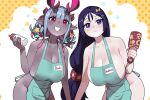  2girls apron baby_bottle bare_shoulders blue_hair blush bottle breasts cleavage collarbone colored_skin double_bun fate/grand_order fate_(series) green_apron grey_skin hair_bun highres horns ibuki_douji_(fate) ibuki_douji_(swimsuit_berserker)_(fate) large_breasts long_hair looking_at_viewer minamoto_no_raikou_(fate) monkey_jon multicolored_hair multiple_girls naked_apron oni oni_horns open_mouth parted_bangs pink_hair pointy_ears purple_eyes purple_hair rattle red_eyes sideboob sidelocks smile very_long_hair 