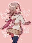  1girl black_thighhighs blush brown_hair brown_skirt character_print danganronpa_(series) danganronpa_2:_goodbye_despair ear_bow flipped_hair from_behind grin hair_ornament highres hood hood_down jacket kirin_(suzoke_1) long_sleeves looking_at_viewer looking_back medium_hair miniskirt monomi_(danganronpa) multicolored_clothes multicolored_hair multicolored_jacket nanami_chiaki pink_hair pleated_skirt red_eyes skirt smile teeth thighhighs two-tone_hair two-tone_jacket 