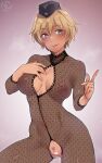  1girl blonde_hair blush bodysuit brave_witches breasts breasts_apart brown_eyes cleavage cleavage_cutout clothing_cutout em_(totsuzen_no_hakike) fishnet_bodysuit fishnets hat large_breasts military_hat nipples no_bra no_panties pussy pussy_cutout short_hair simple_background smile solo tongue tongue_out waltrud_krupinski world_witches_series 