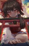  1girl backlighting bow brown_eyes brown_hair closed_mouth collared_shirt detached_sleeves frilled_bow frilled_skirt frills giant giantess hair_bow hair_tubes hakama hakama_skirt hakurei_reimu highres japanese_clothes long_hair looking_at_viewer red_bow red_hakama red_shirt shirt sidelocks sitting skirt sleeveless sleeveless_shirt smile solo torii touhou wariza white_sleeves wide_sleeves yosshy 