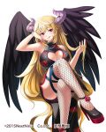  1girl bare_arms bare_shoulders black_dress black_footwear black_wings blonde_hair breasts cleavage cleavage_cutout closed_mouth clothing_cutout copyright_request crossed_legs dress feathered_wings fishnet_thighhighs fishnets hair_between_eyes hands_up head_tilt high_heels horns kuzumochi_(kuzumochiya) large_breasts licking_lips long_hair looking_at_viewer nail_polish official_art pelvic_curtain print_dress red_eyes red_nails shoes simple_background sleeveless sleeveless_dress smile solo thighhighs tongue tongue_out very_long_hair white_background wings 