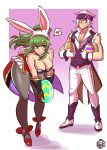  1boy 1girl alternate_costume animal_ears bare_shoulders black_leotard black_pantyhose blush breasts brown_eyes cleavage closed_mouth commentary detached_collar easter_egg egg english_commentary fake_animal_ears fake_tail fire_emblem fire_emblem_awakening fire_emblem_heroes flying_sweatdrops gloves green_eyes green_hair hair_between_eyes headband heart highres holding holding_egg large_breasts leotard long_hair looking_at_viewer looking_away muscular muscular_male pants pantyhose playboy_bunny ponytail purple_headband rabbit_ears rabbit_tail red_footwear robin_(fire_emblem) robin_(male)_(fire_emblem) scruffyturtles seductive_smile shoes short_hair sleeveless smile strapless strapless_leotard tail tiki_(adult)_(fire_emblem) tiki_(fire_emblem) white_footwear white_gloves white_hair white_pants 