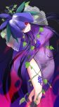  1girl black_gloves black_hair breasts china_dress chinese_clothes dress elbow_gloves floral_print flower flower_on_head food fruit gloves glowing glowing_eye gradient_background grapes highres long_hair muchin_jousha multicolored_background orchid purple_dress purple_lips shaded_face smile solo thighs touhou unfinished_dream_of_all_living_ghost yomotsu_hisami 